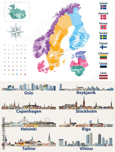 Scandinavian and Baltic countries map with flags and cities skylines: Copenhagen, Stockholm, Oslo, Reykjavik, Helsinki, Riga, Tallinn, Vilnius. Vector set