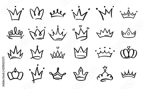 Doodle crowns. Line art king or queen crown sketch, fellow crowned heads tiara, beautiful diadem and luxurious decals vector illustration set. Royal head accessories linear collection