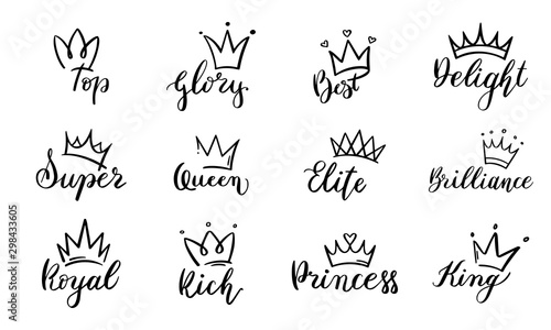 Doodle crowns lettering. Crown with text elements, sketch, majestic tiara logo vector set. symbol of royal power with beautiful calligraphy pack with. Hand drawn line art diadem illustrations