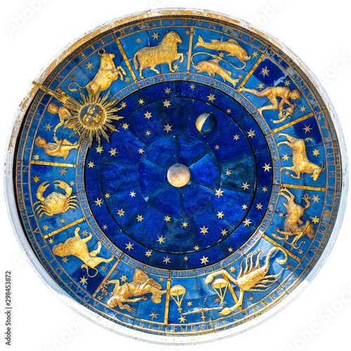 Zodiac wheel and signs of medieval mechanism, isolated on white. Ancient clock detail of Torre dell'Orologio, Venice, Italy. Old symbols of astrology on star circle. Concept of horoscope and time.