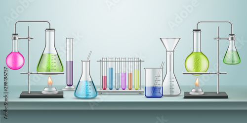 Laboratory flasks with pipes. Chemical or chemistry lab with tubes and heating fire. School experiment. Glassware connected containers for reaction. Biology test and education table, pharmacy,medicine