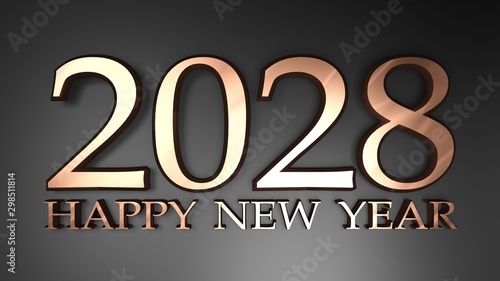 2028 Happy New Year copper write on black background - 3D rendering illustration