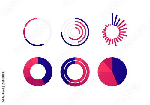 Vector color flat chart diagram icon illustration set. Red and blue diagram collection of pie, donut, radial bar and histogram infographic element. Design for finance, statistics, analitics, science.