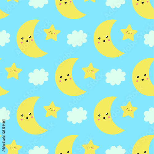 Cute seamless pattern with moon, stars and cloud on blue background