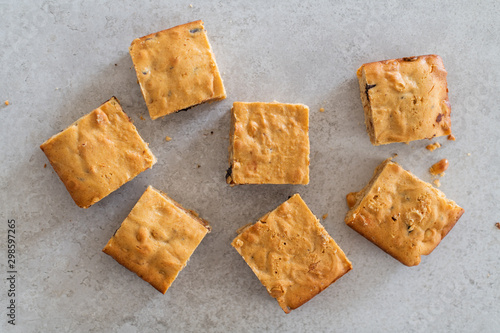 Blondie brownies with peanut butter and white chocolate. Homemade, delicious dessert.