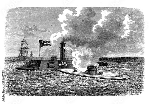 USS Merrimack steam frigate launched in 1855, captured in the American Civil War renamed CSS Virginia and used against the ironclad Monitor in the battle of Hampton Roads in 1862