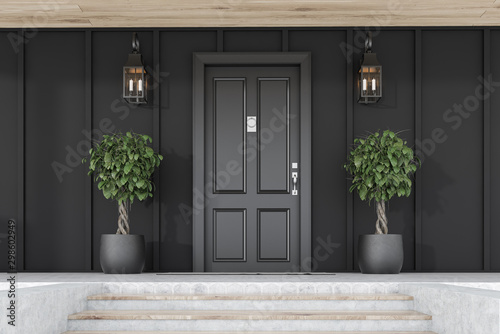 Black front door of black house with trees