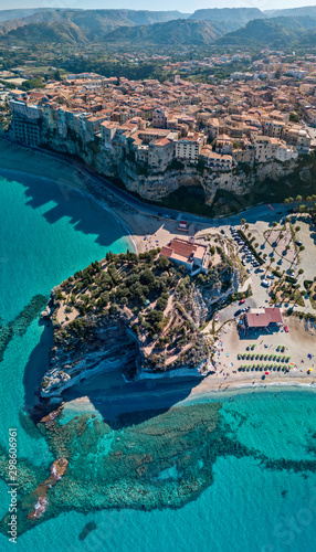 Aerial view of Tropea, house on the rock and Sanctuary of Santa Maria dell'Isola, Calabria. Italy. Tourist destinations of the most famous in Southern Italy, seaside resort located on a cliff 