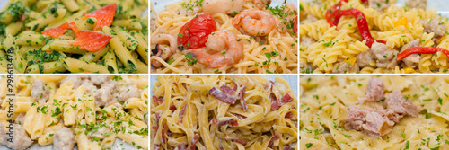 Collage, delicious italian traditional food pasta with cheese, meat and sausage, tomato sauce, red fish or salmon, spinach, midi and shrimp.