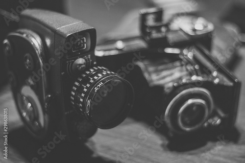 Old vintage film video camera and photography camera black and white from the forties