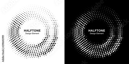 Halftone circle dotted frame circularly distributed. Vector dots logo emblem design set. Round border Icon using random halftone circle dot raster texture. Half tone circular background pattern.