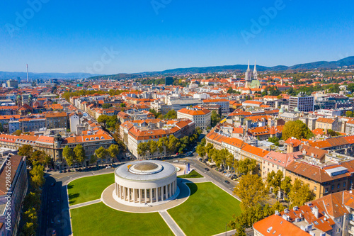 Aerial drone view of Mestrovic pavilion, monumental art gallery and city centre on sunny summer day, Zagreb, Croatia