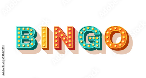 Bingo vector typography. Lottery retro glowing lettering. Game of chance and casino concept. Sparkly 3d signboard with neon light bulbs. Vintage volumetric letters isolated on white background