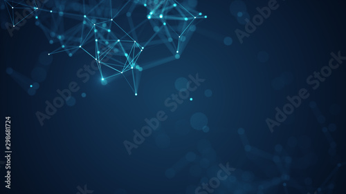 Abstract connected dots and lines on blue background. Communication and technology network concept with moving lines and dots.