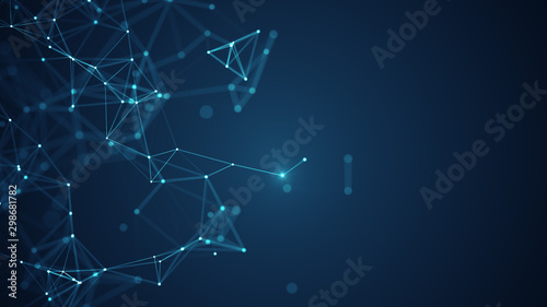 Abstract connected dots and lines on blue background. Communication and technology network concept with moving lines and dots.