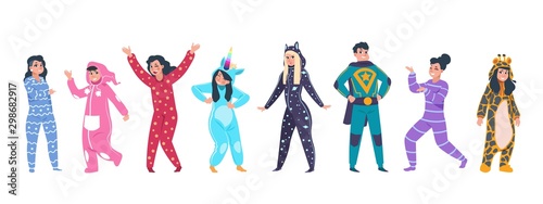 Pajamas characters. Happy cartoon persons in superhero and animal pajamas on evening with hood on pillow party. Vector funny costumes set with unicorn giraffe on white background