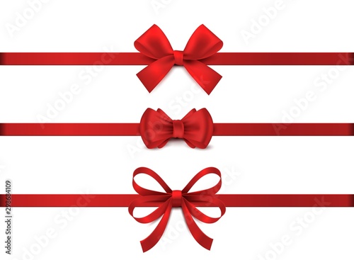 Red realistic bow. Horizontal red ribbon collection. Holiday gift decoration, valentine present tape knot, shiny sale ribbons set. Vector illustration christmas tie for gifts on white background