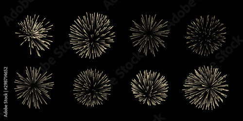 A vector set of eight fireworks, isolated on a black background.