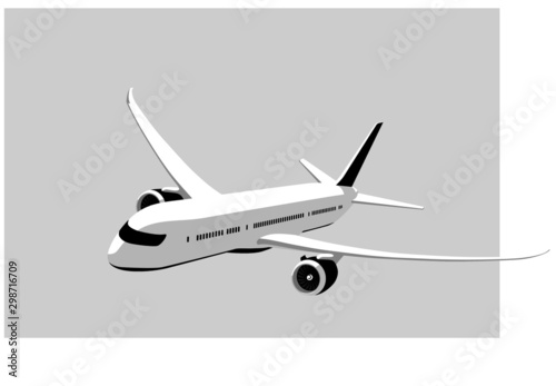 Boeing 787 Dreamliner. Flying airplane, takeoff airliner, commercial jet aircraft, airliner. Vector illustration. Vector template.