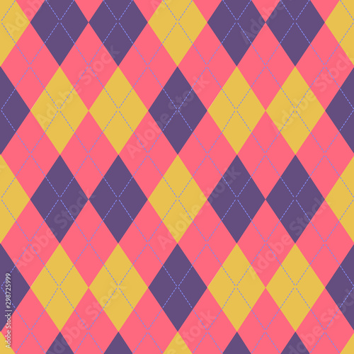 Argyle retro colorful abstract seamless pattern. Vector texture with colorful rhombuses of pink violet yellow.