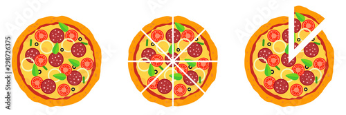 Whole and chopped pizza icon. Vector collection on white background.