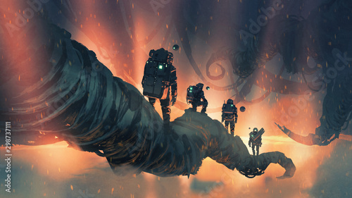 astronauts walking on giant trees in alien planet, digital art style, illustration painting