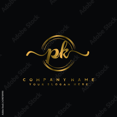 PK Initial handwriting logo design with golden brush circle. Logo for fashion,photography, wedding, beauty, business