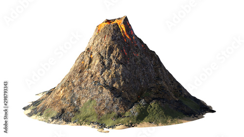 volcanic eruption, lava coming down a volcano, isolated on white background