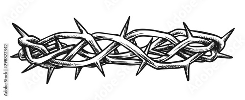 Crown Of Thorns Jesus Christ Side View Ink Vector. Crown Is Crafted In Israel As Reminder Of Sufferings Of Christ To Put Away Sin. Engraving Template Designed In Retro Style Monochrome Illustration