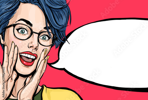 Attractive young sexy woman is announcing, telling a secret, shouting or yelling. Advertising poster of comic lady saying Hey or Wow