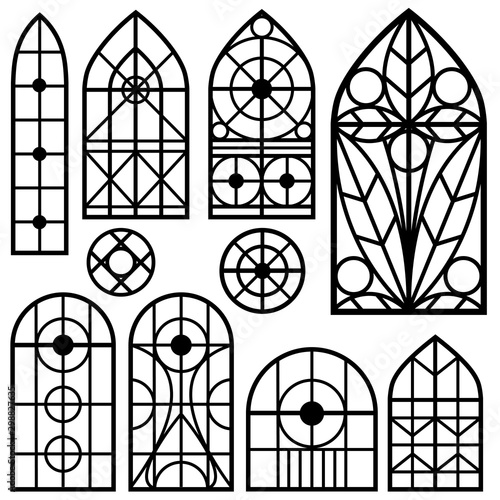 A set of vintage windows of different shapes. The elements of historical buildings for design