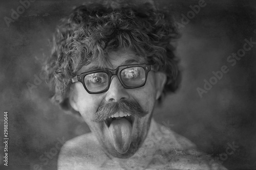 parody of a portrait of scientist with his tongue hanging out, guy joke
