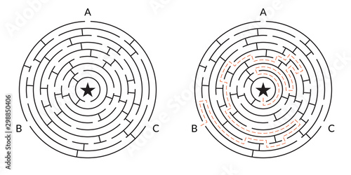 Labyrinth maze game. Circle puzzle. Find exit or right way challenge. Vector illustration.