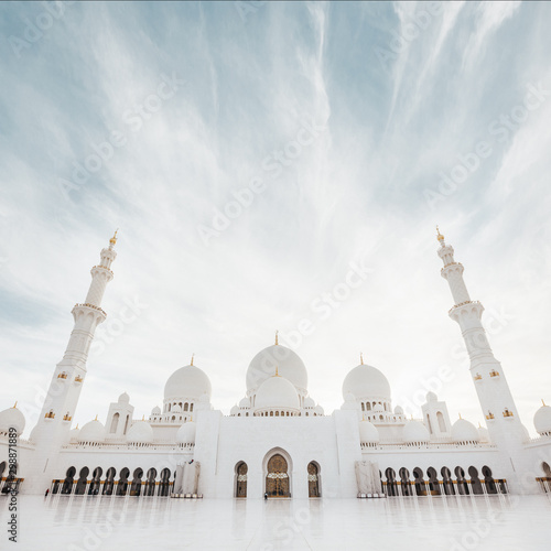 Abu Dhabi Sheikh Zayed Grand Mosque. Ambient light photo of of the biggest mosque. Symbol of expo2020