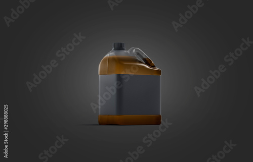 Blank transparent plastic canister with oil mockup on black background