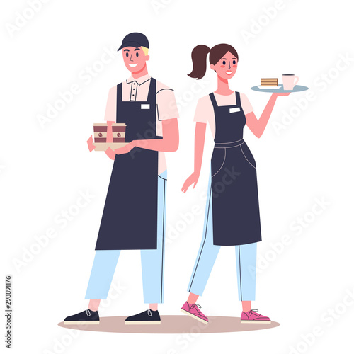 Waiter and waitress standing. Restaurant staff in the uniform