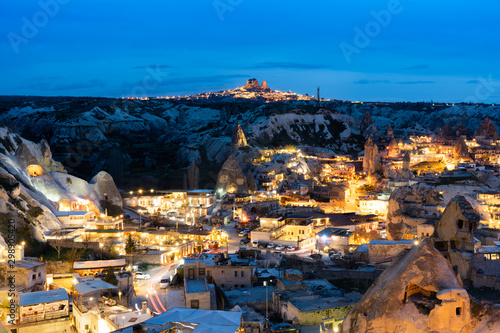 Goreme town on after twilight in Cappadocia cityscape and streetlights view at the sunset viewpoint,Cappadocia is an ancient region of Anatolia. The landscape is so beautiful and rich of history.