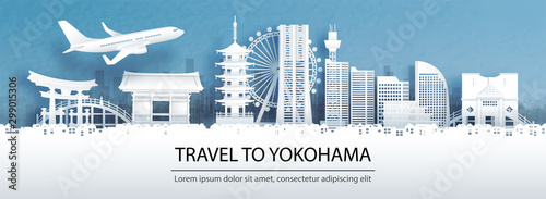 Travel advertising with travel to Yokohama concept with panorama view city skyline and world famous landmarks of Japan in paper cut style vector illustration.