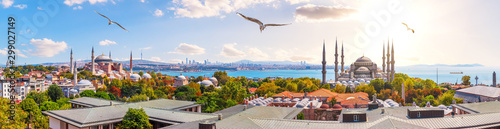 The Blue Mosque, The Hagia Sophia and the Istanbul roofs, beautiful sunny panorama