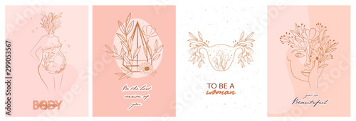 Set of motivation and inspiration posters with abstract leaf and flower elements, woman body and girl portrait in one line style. Illustration in minimalistic style. Editable vector illustration