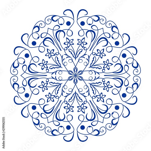 Blue ceramics design, ornamental circle patterns in Spain or Potruguese style, azulejo, vector design