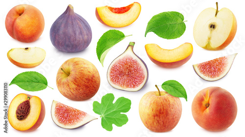 Large collection of different fruits - peach, fig and apple, isolated on a white background with clipping path.