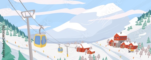 Beautiful ski resort flat vector illustration. Mountain winter landscape with chairlift for downhill skiing, snowboarding and extreme sports. Seasonal recreation spot. Active lifestyle concept.