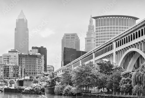 Cleveland city skyline. Black and white vintage style. 