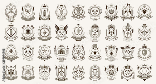 Vintage heraldic emblems vector big set, antique heraldry symbolic badges and awards collection, classic style design elements, family emblems.