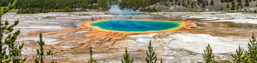 Grand Prismatic Springs and geyser basin landscape at Yellowstone National Park
