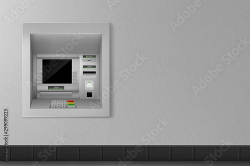 Atm machine on grey wall background, automated teller with black monitor, keypad for enter password and operation with money. Banking terminal for finance service. Realistic 3d vector illustration