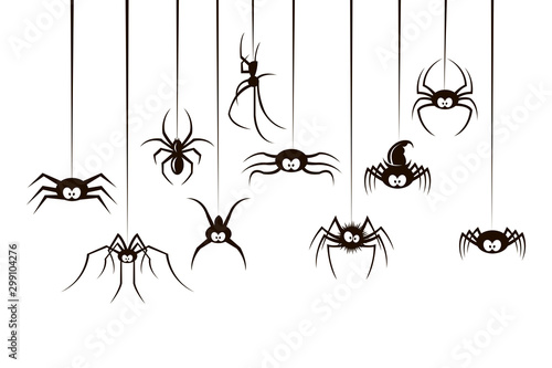 black collection of various spiders isolated on white background
