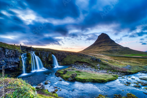 Iceland Landscape Summer Panorama, Kirkjufell Mountain at Dusk with Waterfall in Beautiful Light