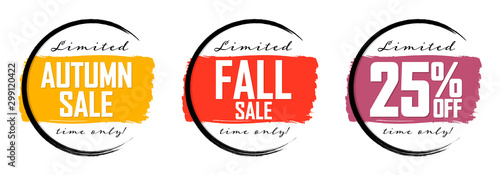 Autumn Sale, 25% off, Fall discount tag, banners design template, Thanksgiving Day, grunge brush, vector